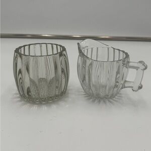 Vintage Ribbed Pressed Glass Creamer and Sugar Bowl Set Clear Scalloped